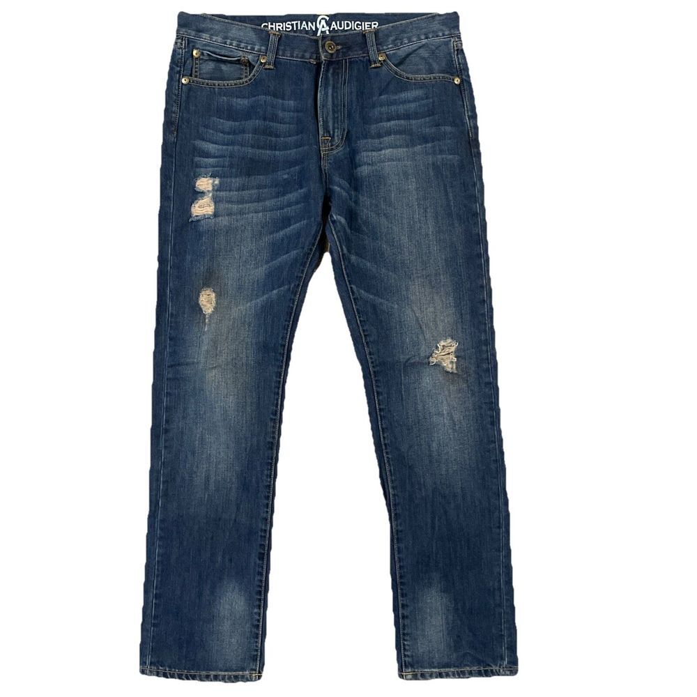Christian Audigier Denim Men's 32x32 (34x32) Blue Distressed Straight‎ Leg Jeans